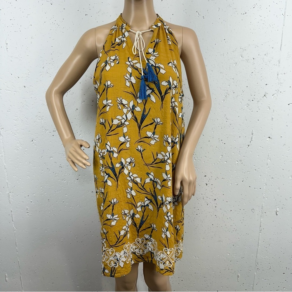 THML Women’s size Medium Mustard Yellow Floral Sleeveless Embroidered Dress